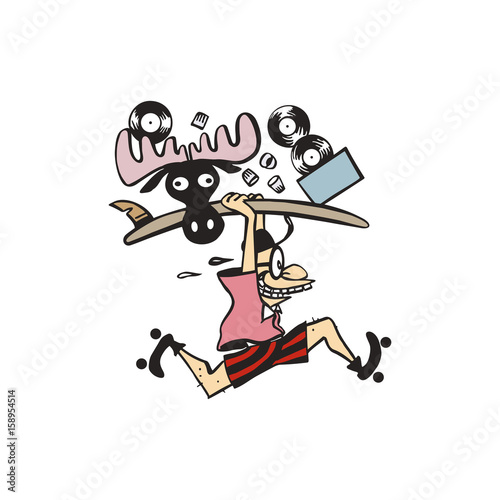 Running man holding suftboard carton vector illustration