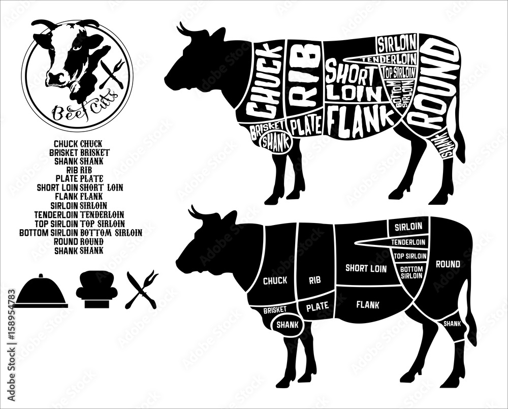 Beef Cuts Diagram and logo, icon in Vintage Style Vector illustration ...