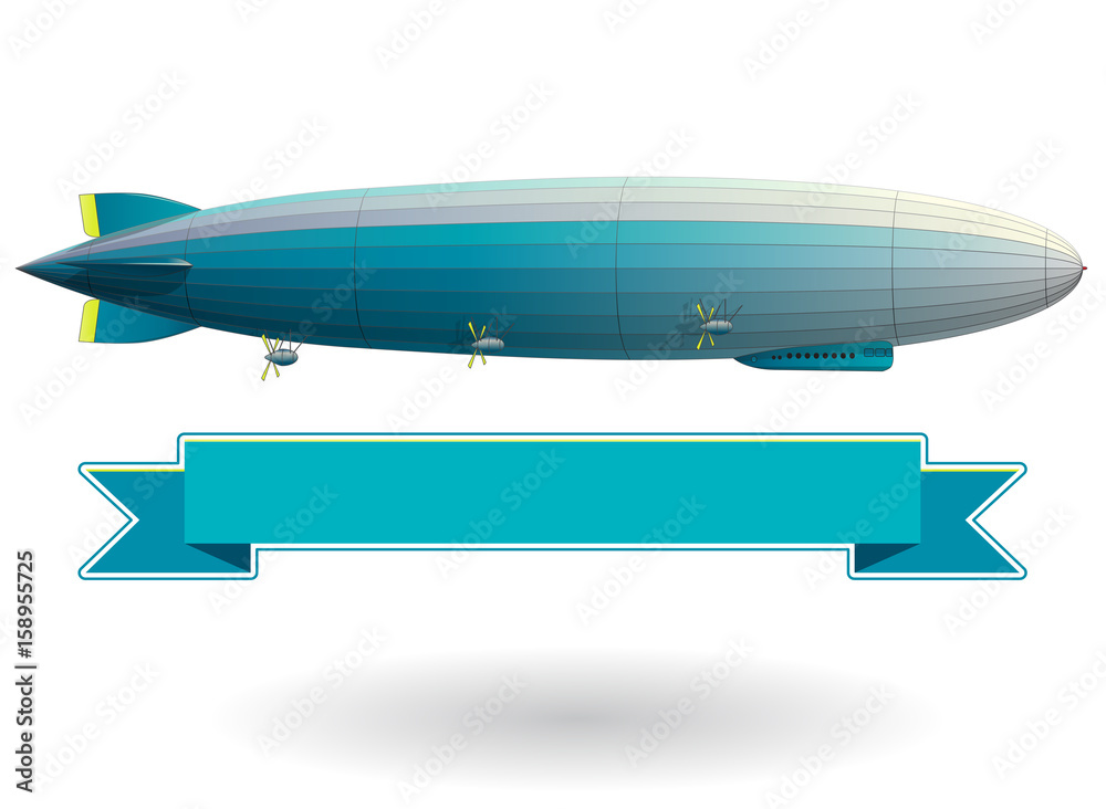 Naklejka premium Legendary huge zeppelin airship filled with hydrogen. Blue stylized flying balloon. Big dirigible, propellers and rudder. Long zeppelin, white background, rigid airship. Isolated vector illustration.