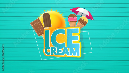 Hello Summer Lettering with Ice Cream, on Colorful Wooden Floor.