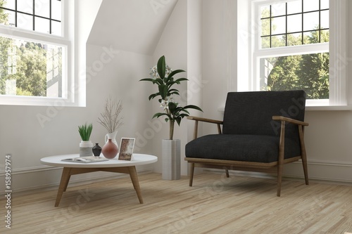 White room with armchair and green landscape in window. Scandinavian interior design. 3D illustration