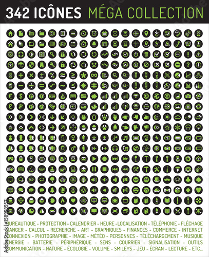 Collection de 342 icônes - vert sur fond noir
