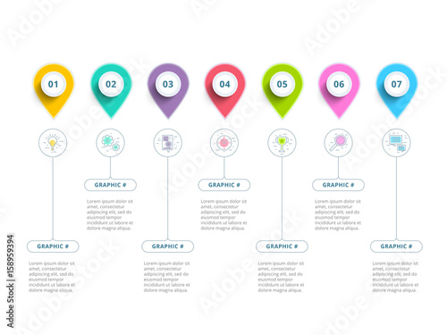 Clean minimalistic business 7 step process chart infographics with step circles. Bright corporate graphic elements. Company presentation slide template. Modern vector info graphic layout design.