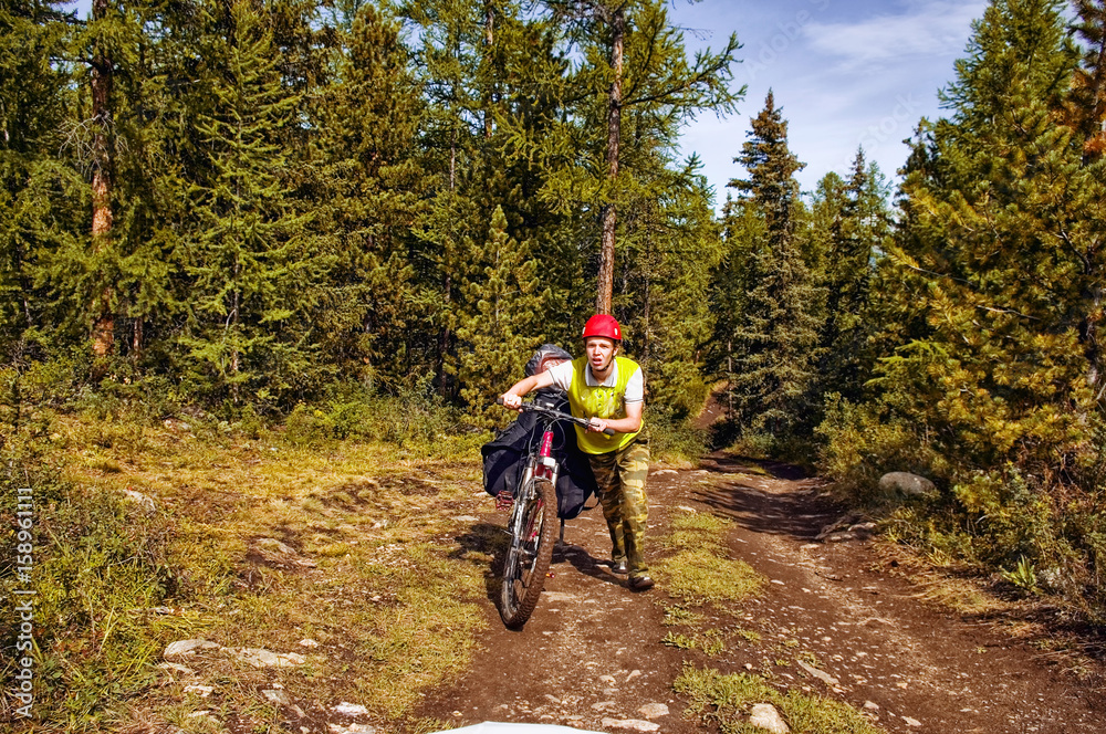 Naklejka premium Altai mountain road. The photo was taken during a cycling trip through the Altai in the summer in August. Russia. Cyclist goes with the bike. A man on a bicycle.