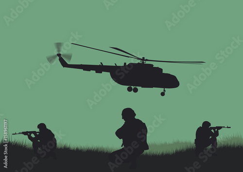 Illustration, the soldiers going to attack and helicopters.