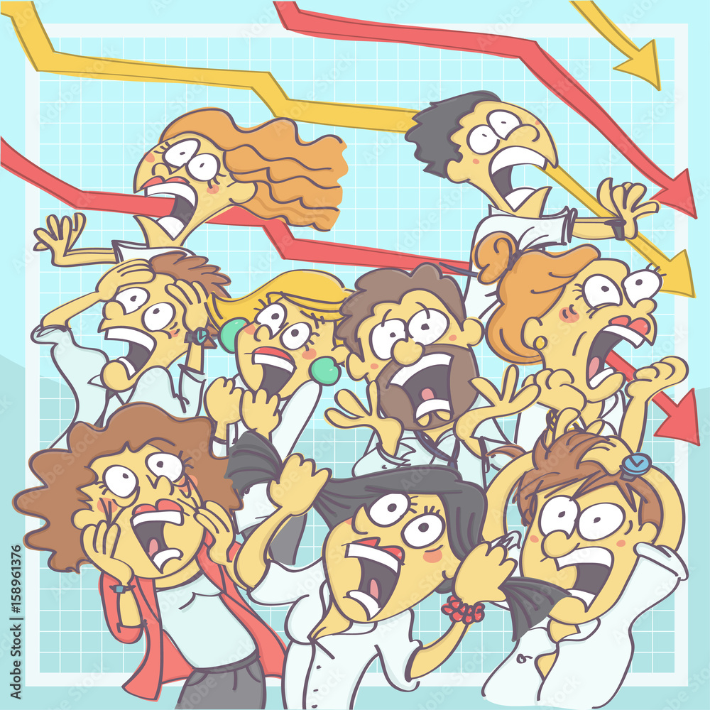 Vector cartoon with group of business people screaming and panicking, chart arrows in the background showing downfall