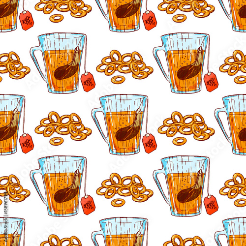 Photos Cute seamless pattern made of hand drawn tea-party stuff: glass of tea and russian bagel - sushka