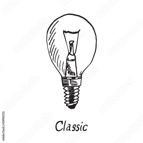 Classic lamp type, woodcut style design, hand drawn doodle, sketch in pop art style, isolated vector illustration