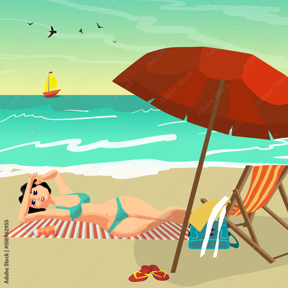 Sea landscape summer beach. Young woman in bikini sunbathing lying on sand. Vector flat cartoon illustration