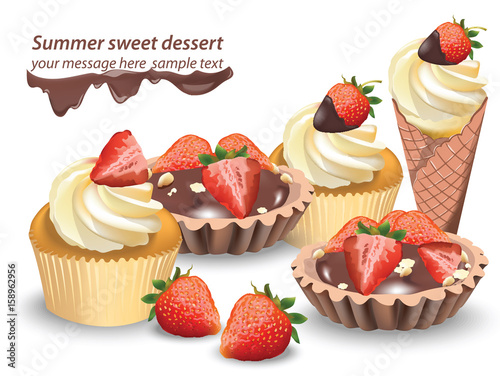Delicious sweets and desserts with fruits. Chocolate tartlets and vanilla cupcakes. Summer confectionary bakery treats Vector illustration