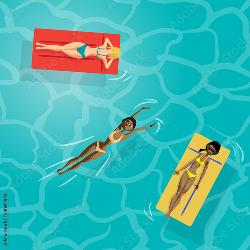 Young women in bikini float on air mattresses in the sea on the beach. View from above. Vector flat cartoon illustration