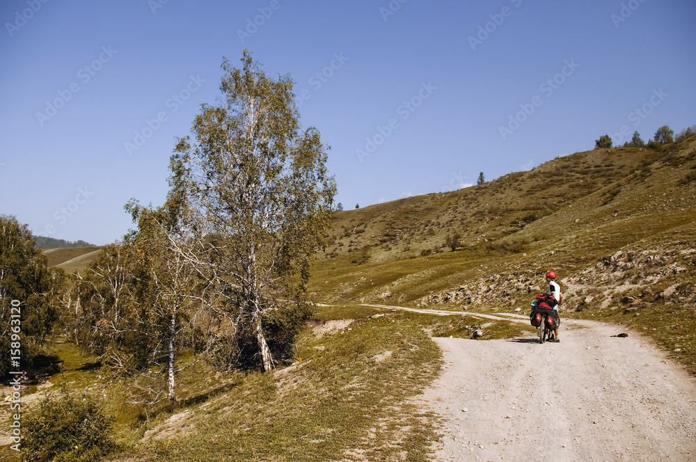 Biking on the Altai Republic. Beautiful mountain scenery, forest, green, mountains. A man on a bicycle with a backpack on a slope, trail, mountain road. Sprtivny campaign. Russia. Tourism.