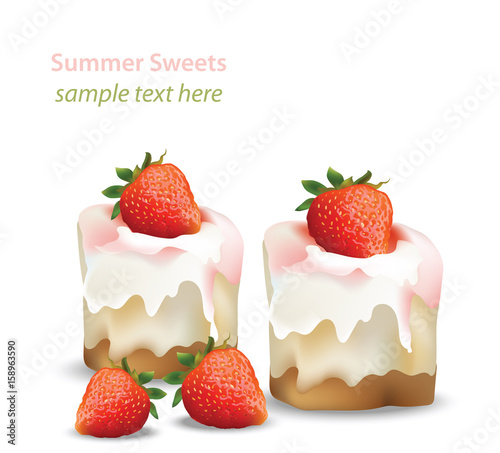 Summer sweet cheesecake with strawberry fruits syrop. Delicious fresh dessert Vector
