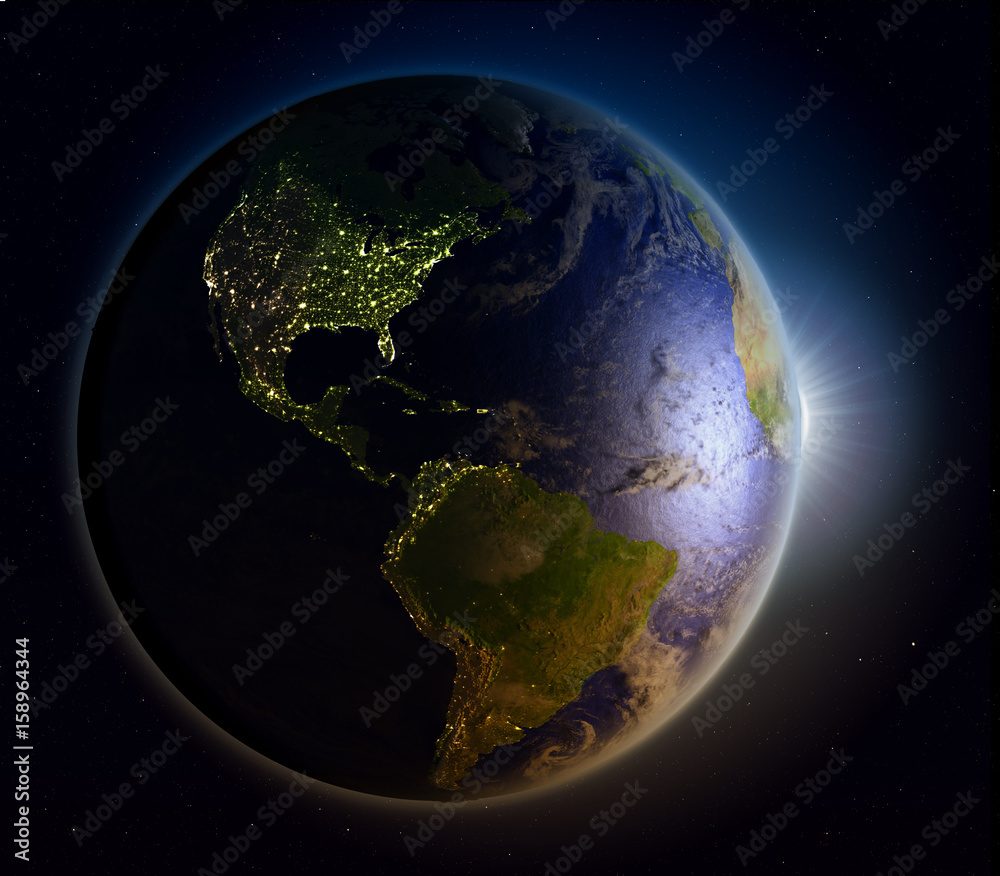 Fototapeta premium Sunrise above Americas from space