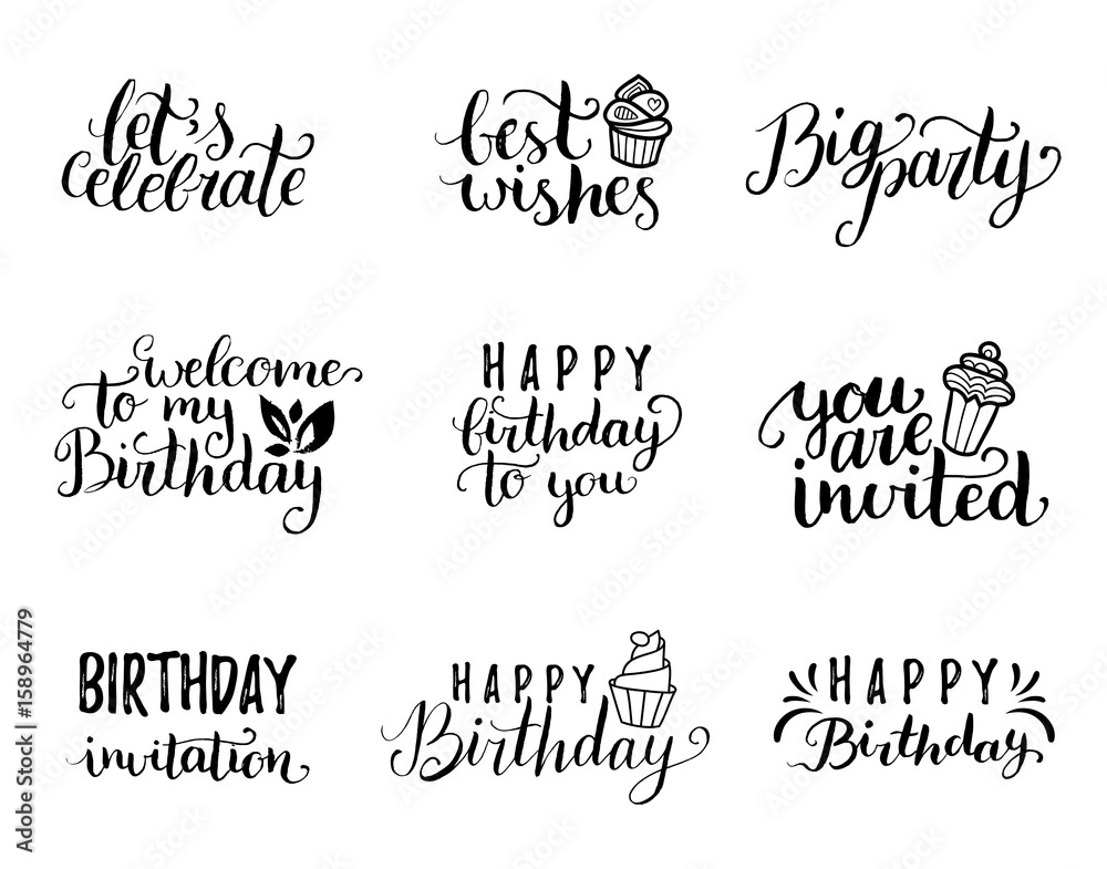 Calligraphy Happy Birthday Hand Lettering Vector Happy Birthday Hand Lettering Collection, Big Party, Best Wishes  Etc. Calligraphy Set For Greeting Cards Etc. Stock Vector | Adobe Stock
