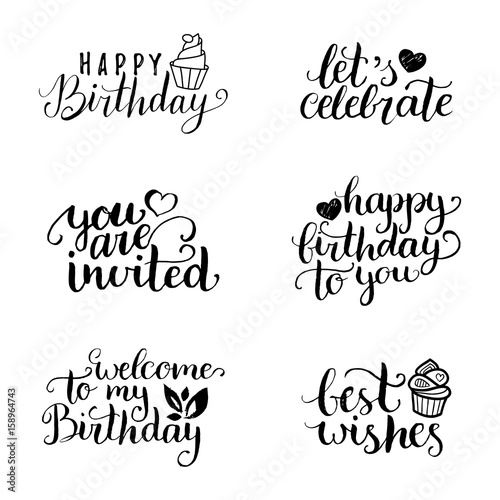 Vector Happy Birthday hand lettering collection, Big Party, Best Wishes etc. Calligraphy set for greeting cards etc.