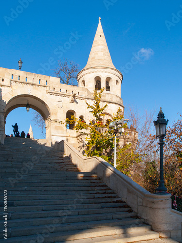Staircase of Fisherman Bastion on the Buda Castle Hill in Budapest, Hungary. Sunny autumn day shot. © pyty