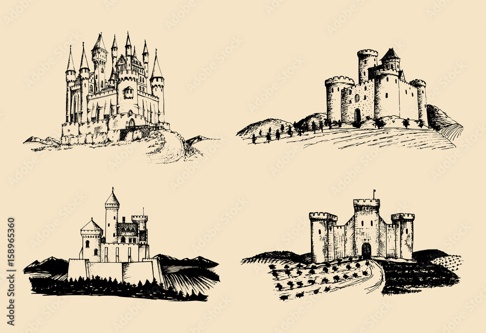 Obraz premium Vector old castles illustrations set. Hand drawn architectural landscapes of ancient towers with rural fields and hills.