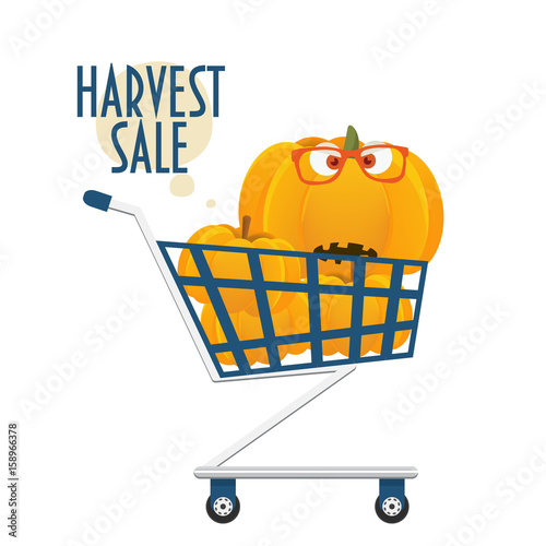 Harvest Sale Promo with a shop cart full of pumpkins. Pumpkin character face with eyeglasses on.