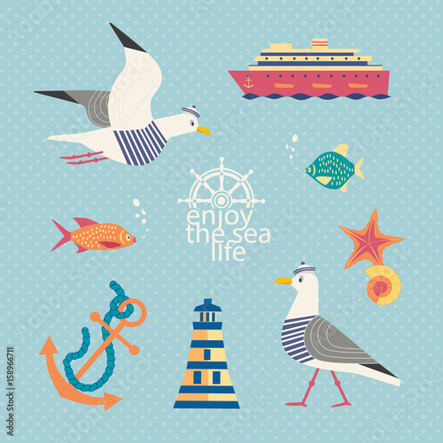 Nautical poster concept. Set of cute cartoon seaside symbols in retro cartoon style. Fancy letters maritime headline. Marine icons of vintage seashore lifestyle banner background. Vector illustration