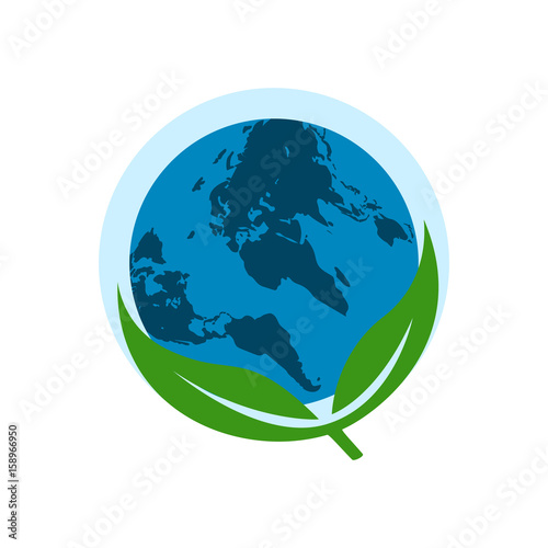 Globe in a drop of water with green leaves. Eco sign symbol. Abstract concept. Flat design. Vector illustration on white background.
