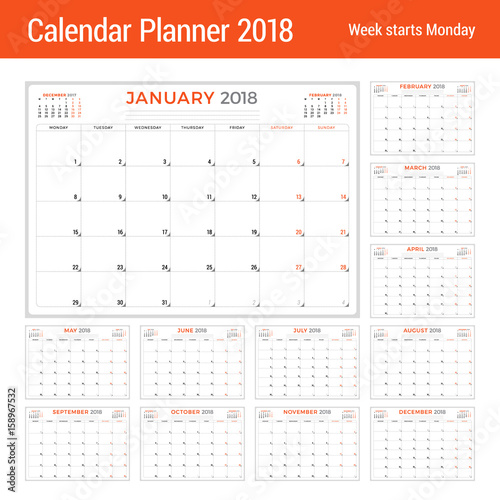 Calendar planner for 2018 year. Vector design template. Week starts on Monday. Stationery design. Set of 12 months