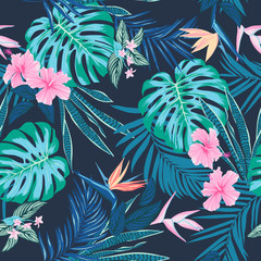 Fototapete Tropische Paradiesblumen-Muster Sommerliches Dschungelmuster mit Hibiskus  © seninaekaterina