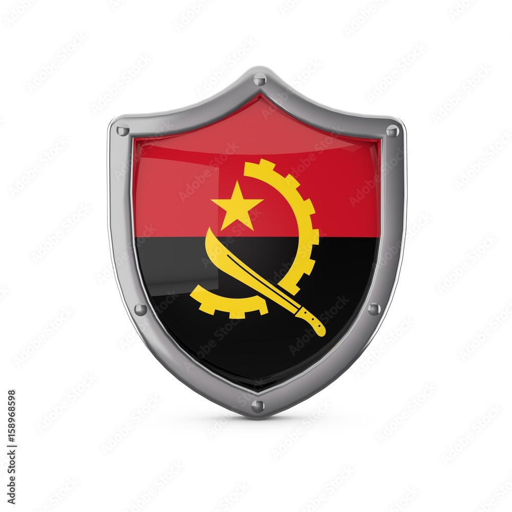 Angola security concept. Metal shield shape with national flag Angola security concept. Metal shield shape with national flag
