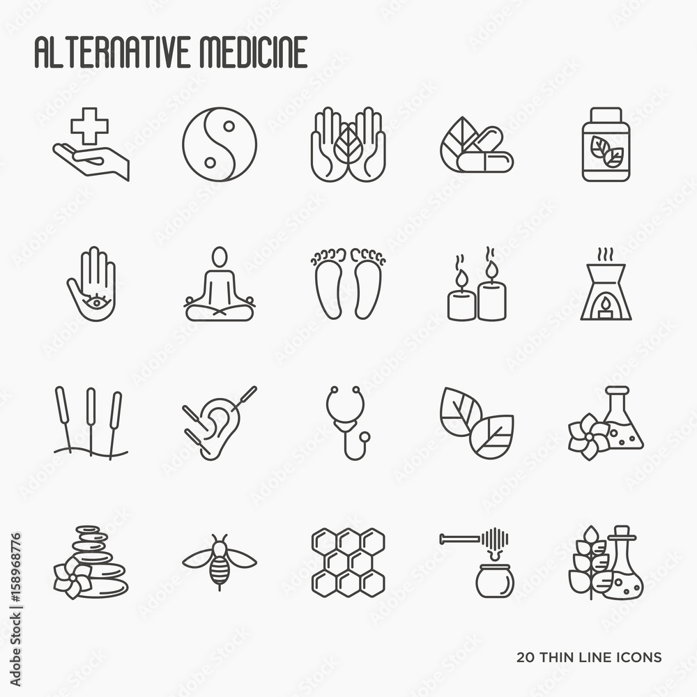 Alternative medicine thin line icon set. Elements for app or web site for yoga, acupuncture, wellness, ayurveda, chinese medicine, holistic centre. Vector illustration.