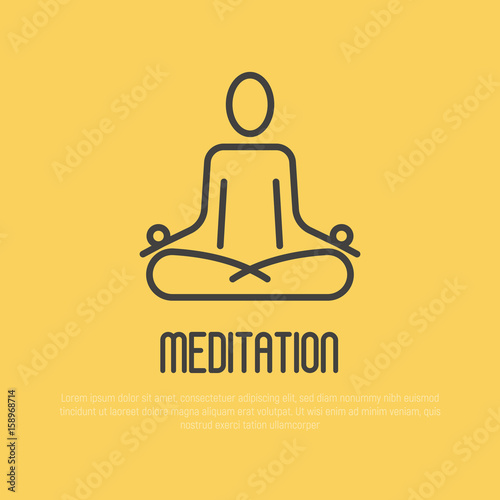 Simple sign of human in lotus pose for logo of meditation yoga school, class, spa salon. Vector illustration.