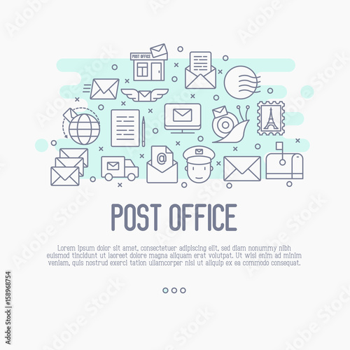 Post office concept with thin line icons. Symbols of shipping, delivery, packaging. Vector illustration.