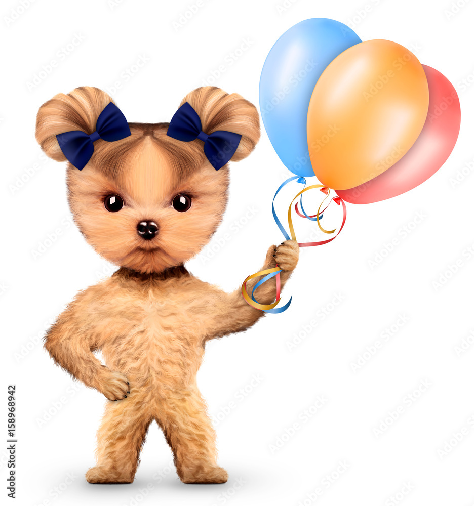 Fototapeta premium Funny dog holding colorful balloons