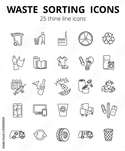 Simple Set of Garbage Related Vector Line Icons. Contains such Icons as Cardboard, Organic Waste, Plastic, Rubber, Paper Waste, Car repair