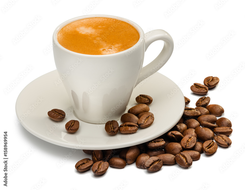 Coffee cup and coffee beans on white background Coffee cup and coffee beans on white background