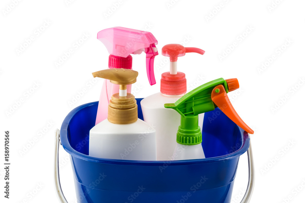 full box of cleaning supplies and gloves isolated on white full box of cleaning supplies and gloves isolated on white