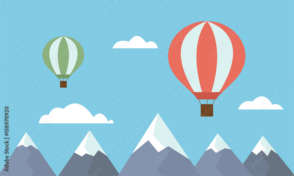 View of two colorful hot air balloons jetting over mountain tops among clouds on blue sky - vector
