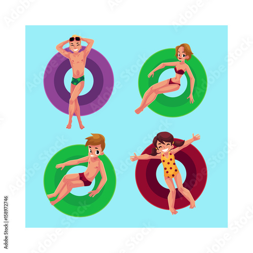 People, man, woman, boy, girl floating on inflatable rings in swimming pool, top view cartoon vector illustration. Kids and adults swimming on inflatable rings in pool, enjoying summer season