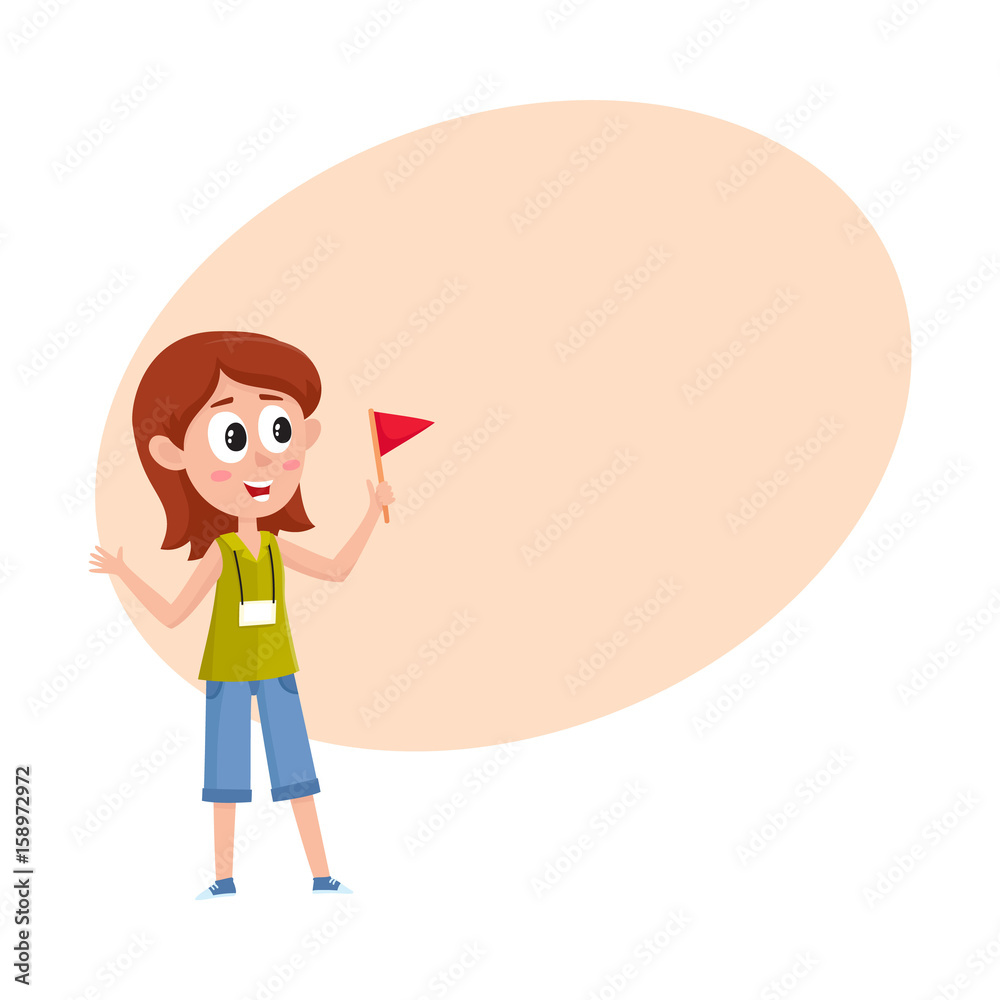 Pretty girl working as tour guide, holding flag, meeting tourist groop, cartoon vector illustration with space for text. Full length portrait of young and pretty female tour guide at work Pretty girl working as tour guide, holding flag, meeting tourist groop, cartoon vector illustration with space for text. Full length portrait of young and pretty female tour guide at work