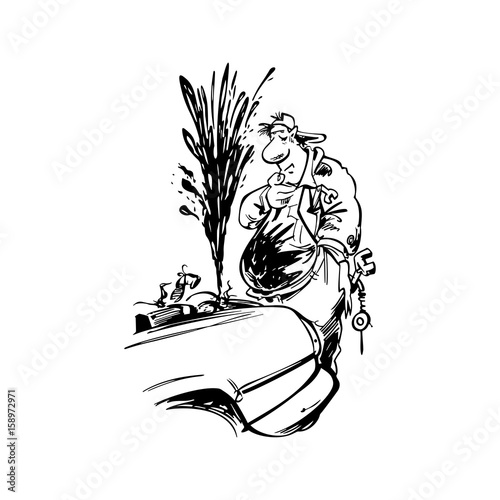 mechanic fix car engine cartoon vector illustration