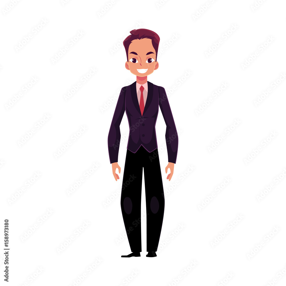 Happy young businessman standing in a black suit with a tie, cartoon vector illustration isolated on white background. Happy smiling businessman, worker Happy young businessman standing in a black suit with a tie, cartoon vector illustration isolated on white background. Happy smiling businessman, worker