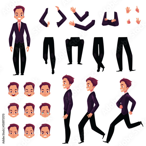 Businessman, man character creation set with different poses, gestures, faces, cartoon vector illustration on white background. Businessman creation set, constructor, changeable face, legs, arms