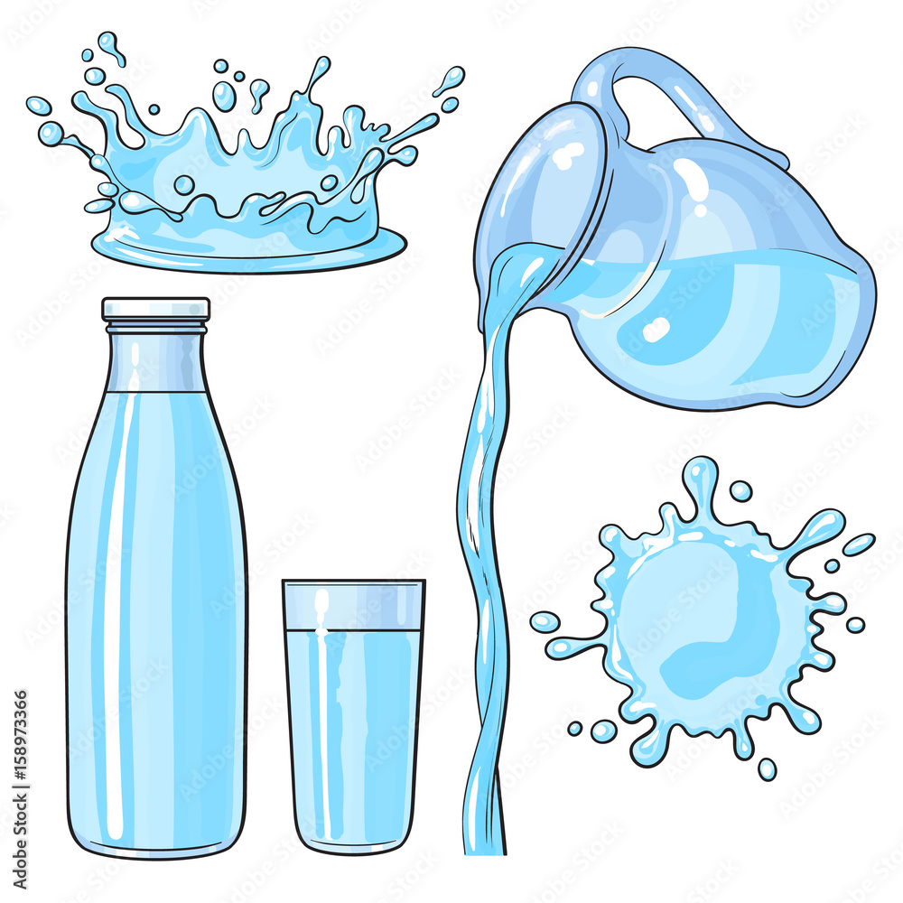 Splashing and pouring water, bottle, jug, glass, sketch vector