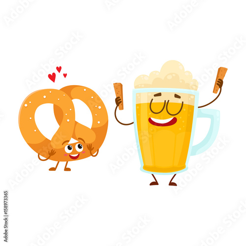 Happy aluminium beer mug and salty pretzel characters having fun together, cartoon vector illustration isolated on white background. Funny smiling beer mug and pretzel characters, good company