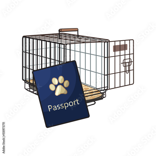 Travel with cats, dogs - metal wire carrier and pet passport, sketch vector illustration isolated on white background. Hand drawn metal wire pet carrier, crate, cage and passport, id for cats and dogs