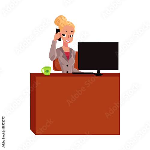 Young pretty blond businesswoman, secretary answering phone, calling at office table, cartoon vector illustration isolated on white background. Businesswoman, secretary, office manager answering phone