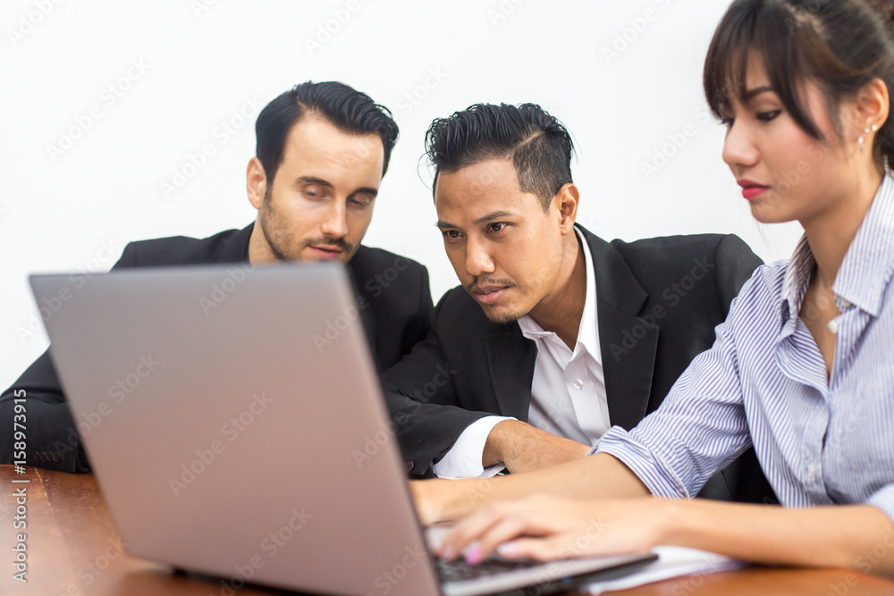 Young Business people working together. Business people takling in modern office. Greeting deal concept Young Business people working together. Business people takling in modern office. Greeting deal concept