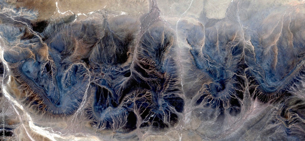 El bosque oscuro, fotografía abstracta de los desiertos de África desde el aire. Vista aérea de paisajes desérticos, Género: Naturalismo abstracto, de lo abstracto a lo figurativo, - obrazy, fototapety, plakaty 