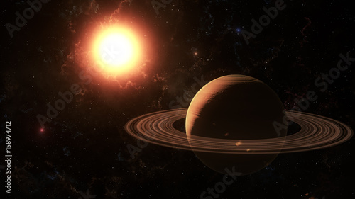 Fototapeta Naklejka Na Ścianę i Meble -  The sun shines on Saturn in space high quality 3d illustration.