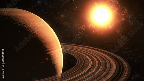 The sun shines on Saturn in space high quality 3d illustration. © flashmovie