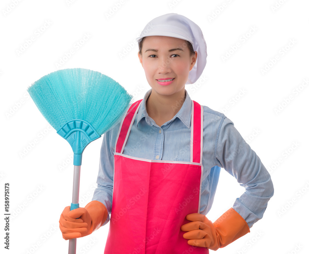 confidence successful young housewife standing and holding broom ready for cleaning services. isolated on white background. confidence successful young housewife standing and holding broom ready for cleaning services. isolated on white background.